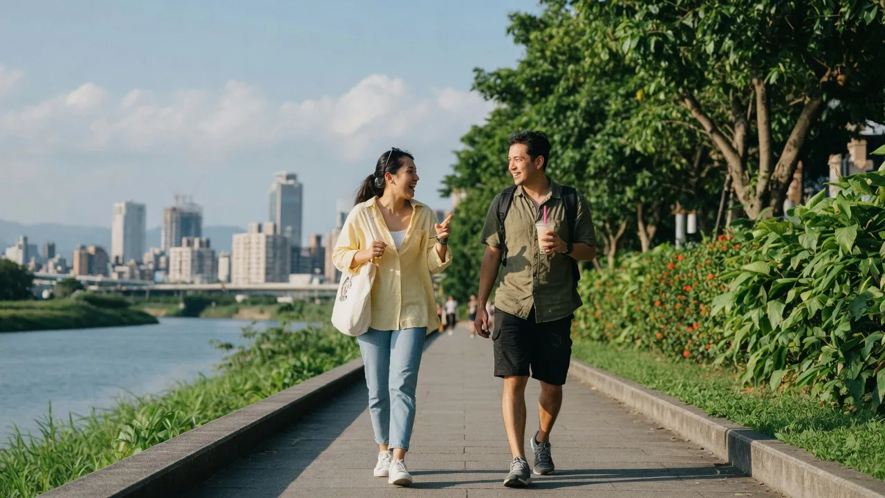 朋友在白天的河濱公園散步聊天